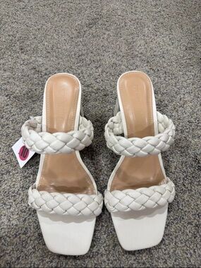 Women’s White Braided Strap Block Heel Sandals